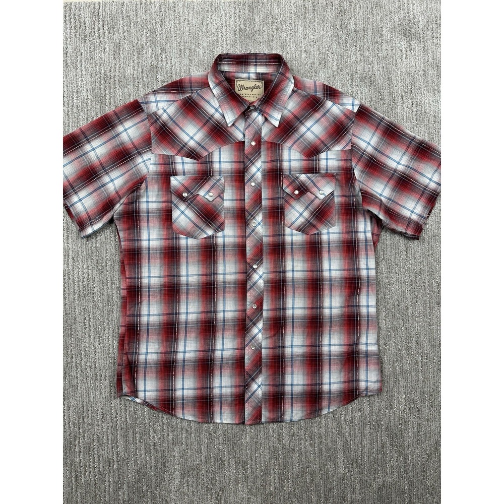 Wrangler Shirt Mens Large Red Blue Plaid Western Sawtooth Pearl Snap Metallic